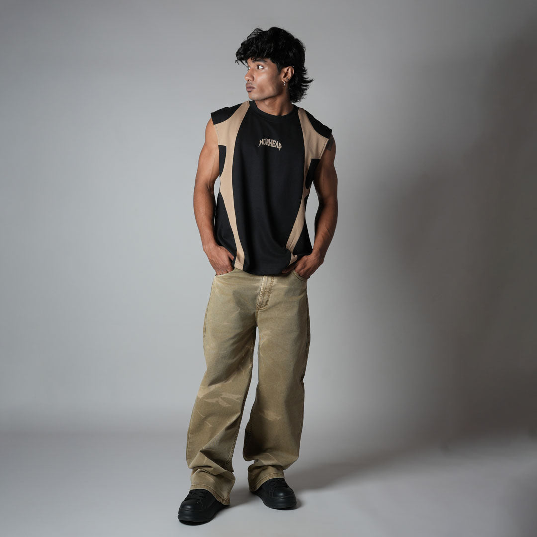 BLACK CUT & SEW SLEEVELESS T-SHIRT