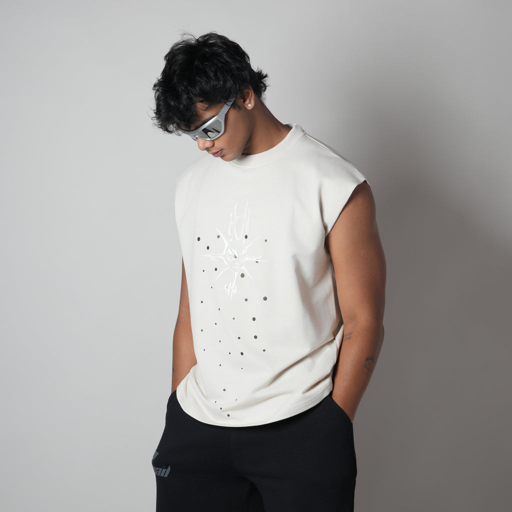 MORNING STAR IVORY SLEEVELESS GRAPHIC T-SHIRT