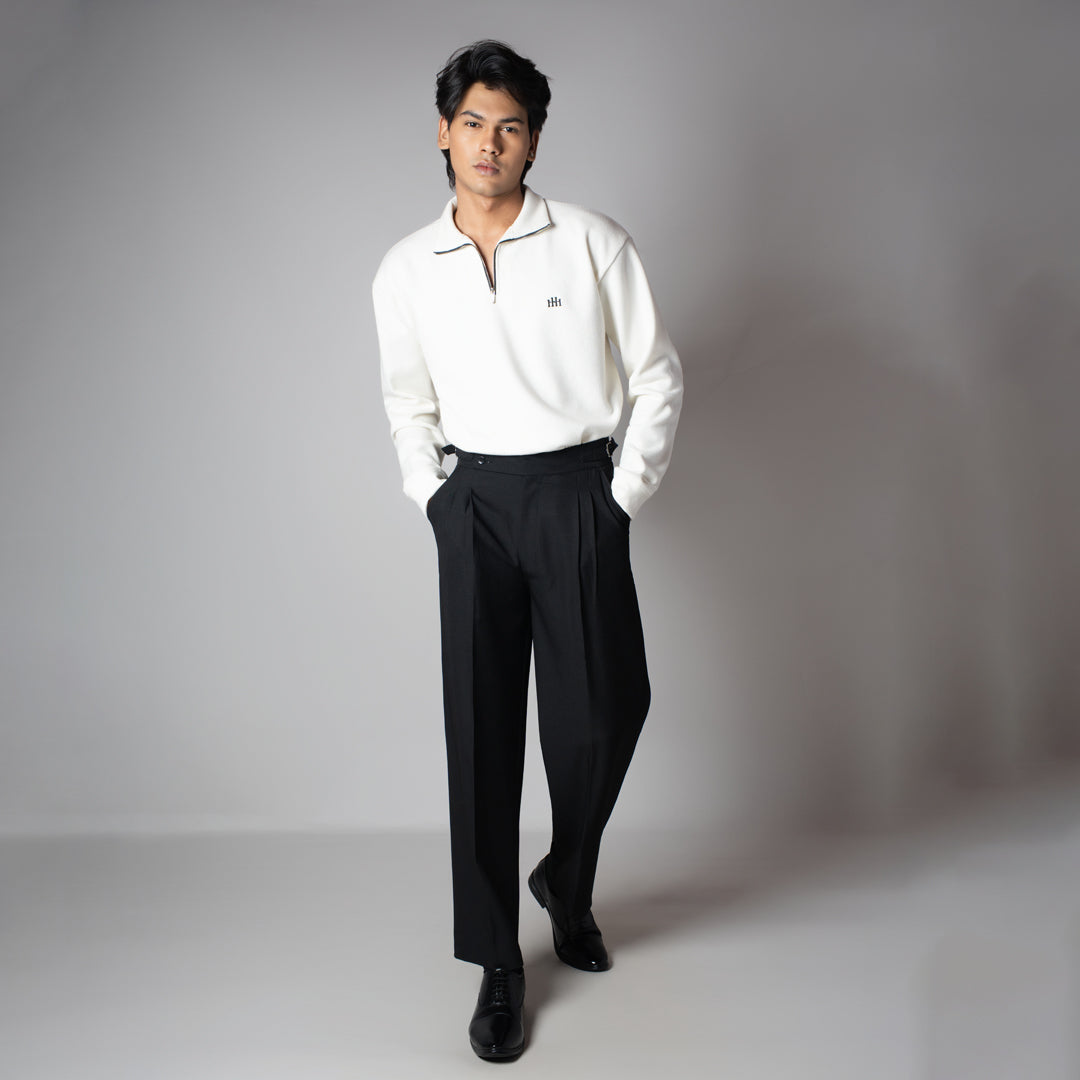 WHITE RIBBED ZIP TURTLE NECK JUMPER