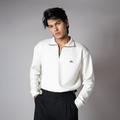 WHITE RIBBED ZIP TURTLE NECK JUMPER