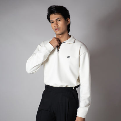 WHITE RIBBED ZIP TURTLE NECK JUMPER
