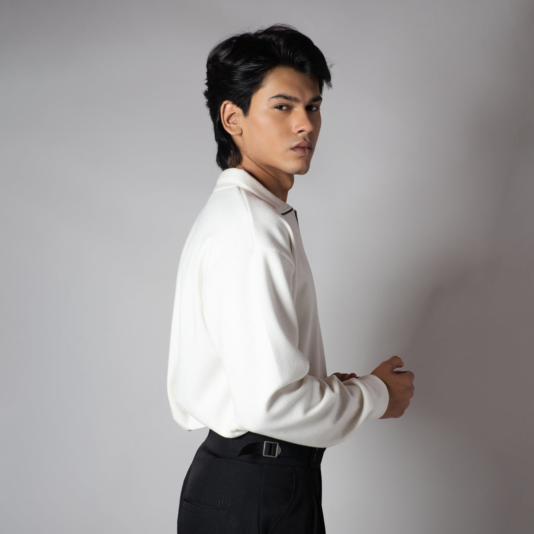 WHITE RIBBED ZIP TURTLE NECK JUMPER