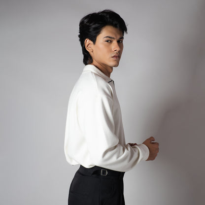 WHITE RIBBED ZIP TURTLE NECK JUMPER