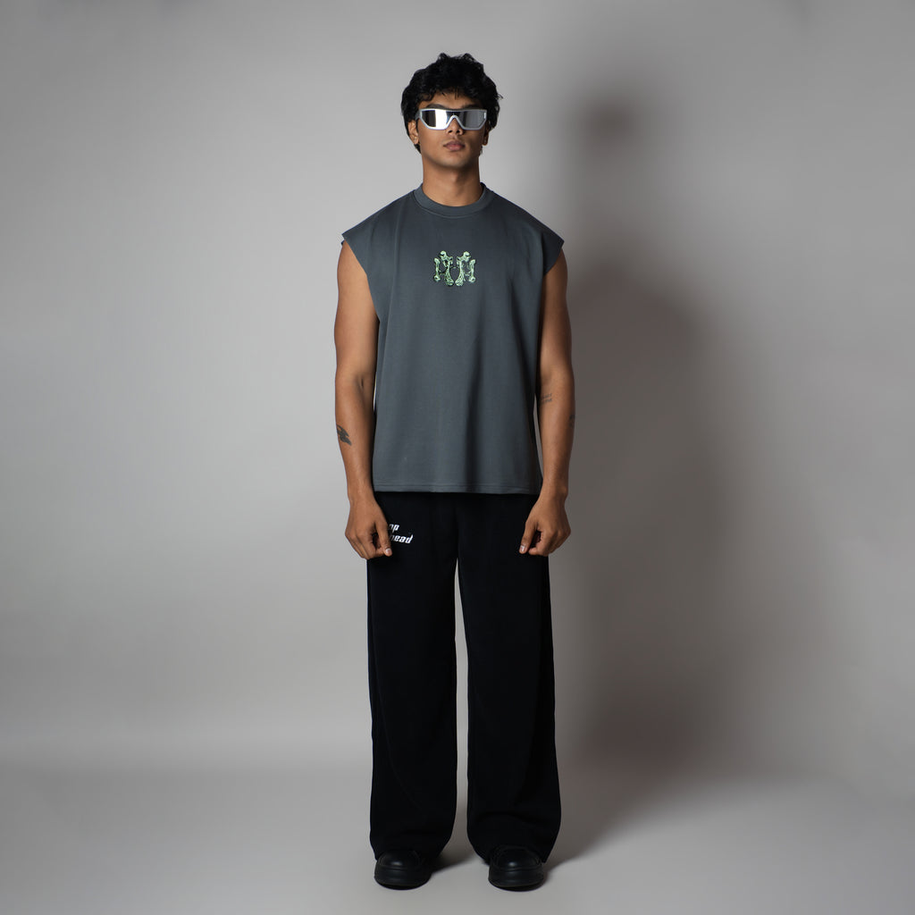 CHARCOAL BONE GRAPHIC SLEEVELESS T-SHIRT