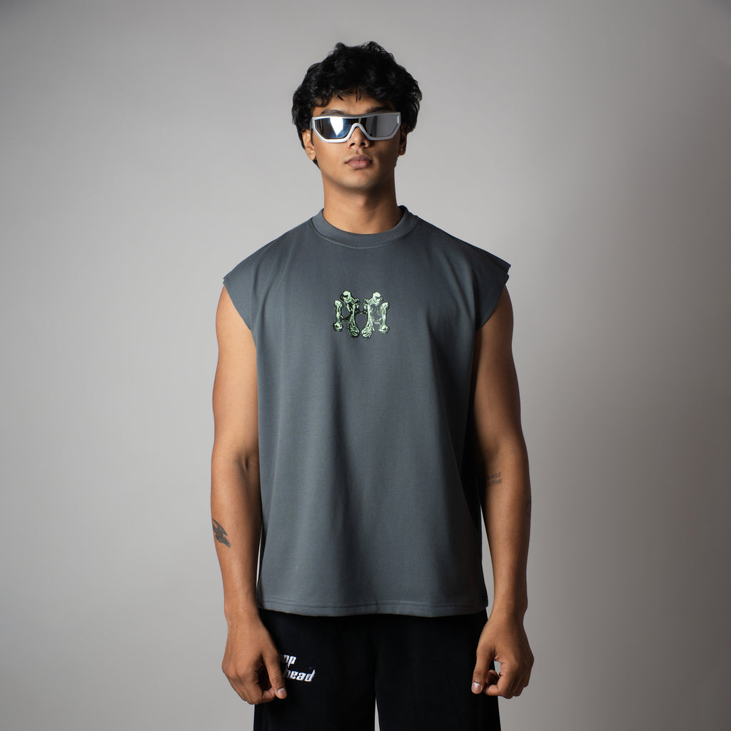 CHARCOAL BONE GRAPHIC SLEEVELESS T-SHIRT