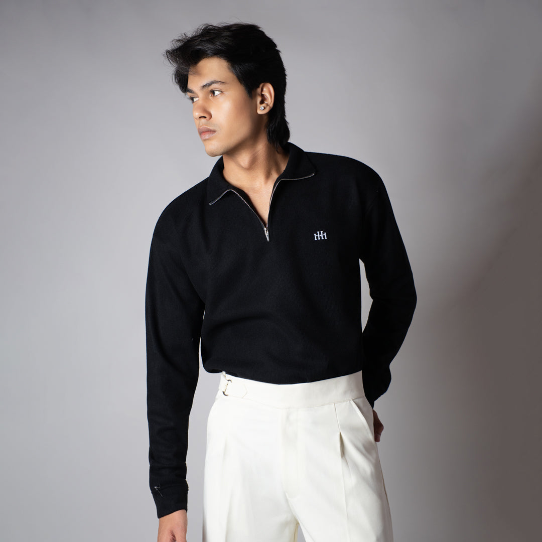 BLACK RIBBED ZIP TURTLE NECK JUMPER