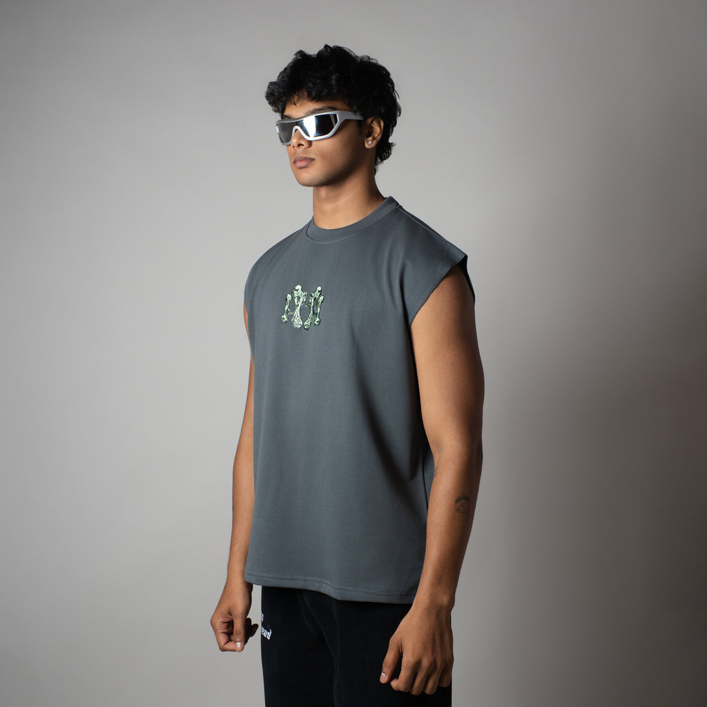 CHARCOAL BONE GRAPHIC SLEEVELESS T-SHIRT