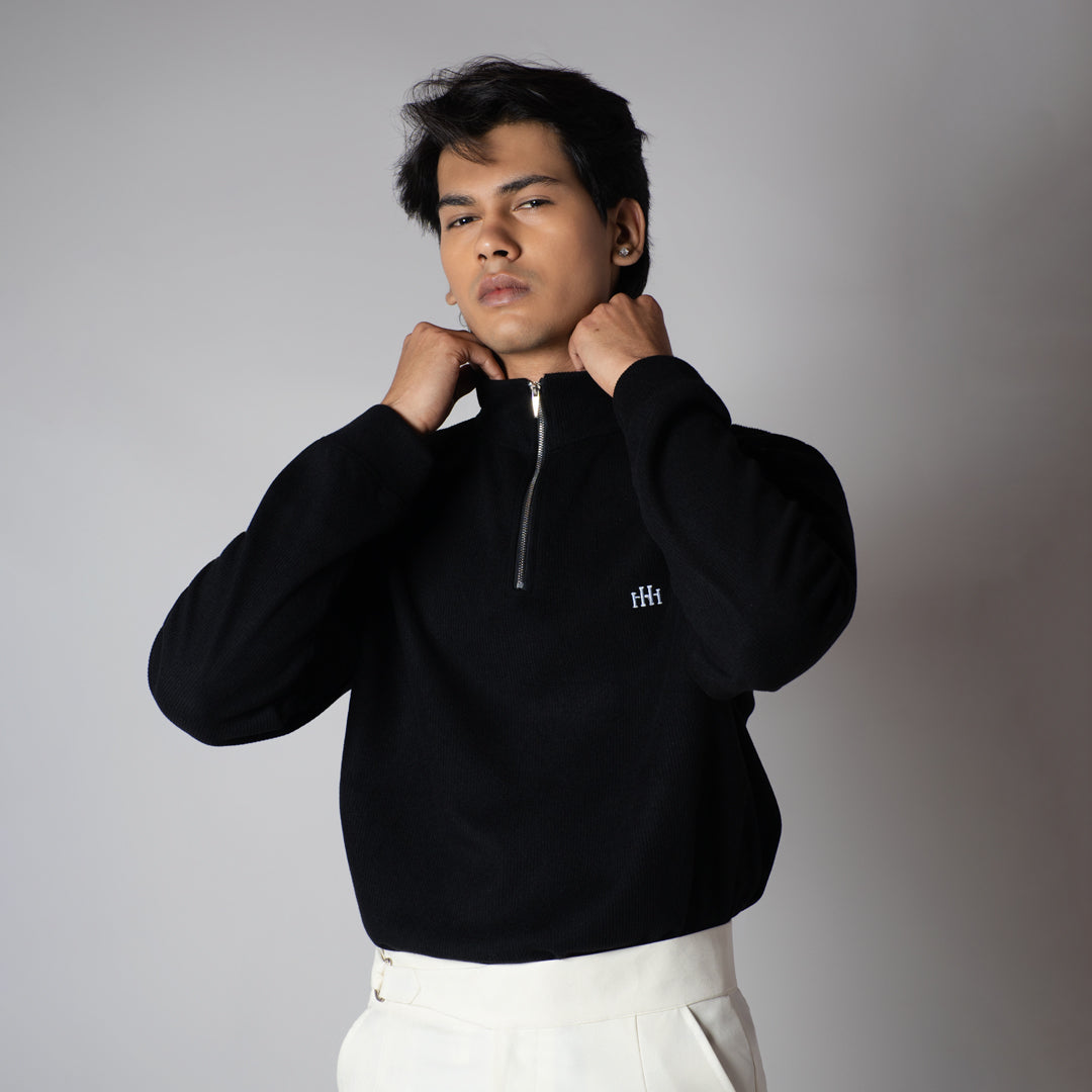BLACK RIBBED ZIP TURTLE NECK JUMPER
