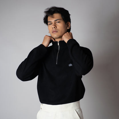 BLACK RIBBED ZIP TURTLE NECK JUMPER