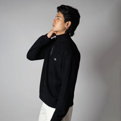 BLACK RIBBED ZIP TURTLE NECK JUMPER