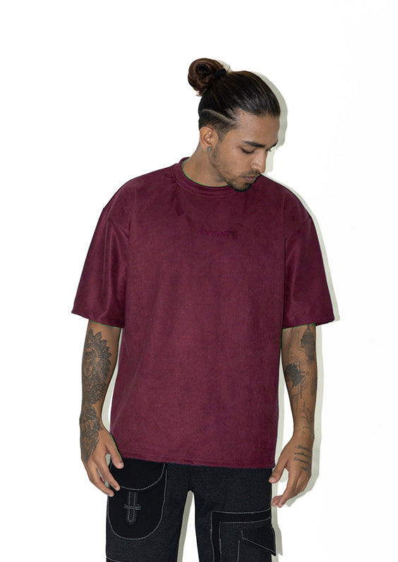 SANGRIA RED EMBROIDERED SUEDE T-SHIRT