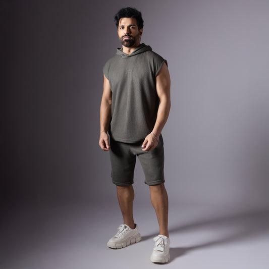 STONE GREY SLEEVELESS HOODIE & SHORTS CO-ORD SET