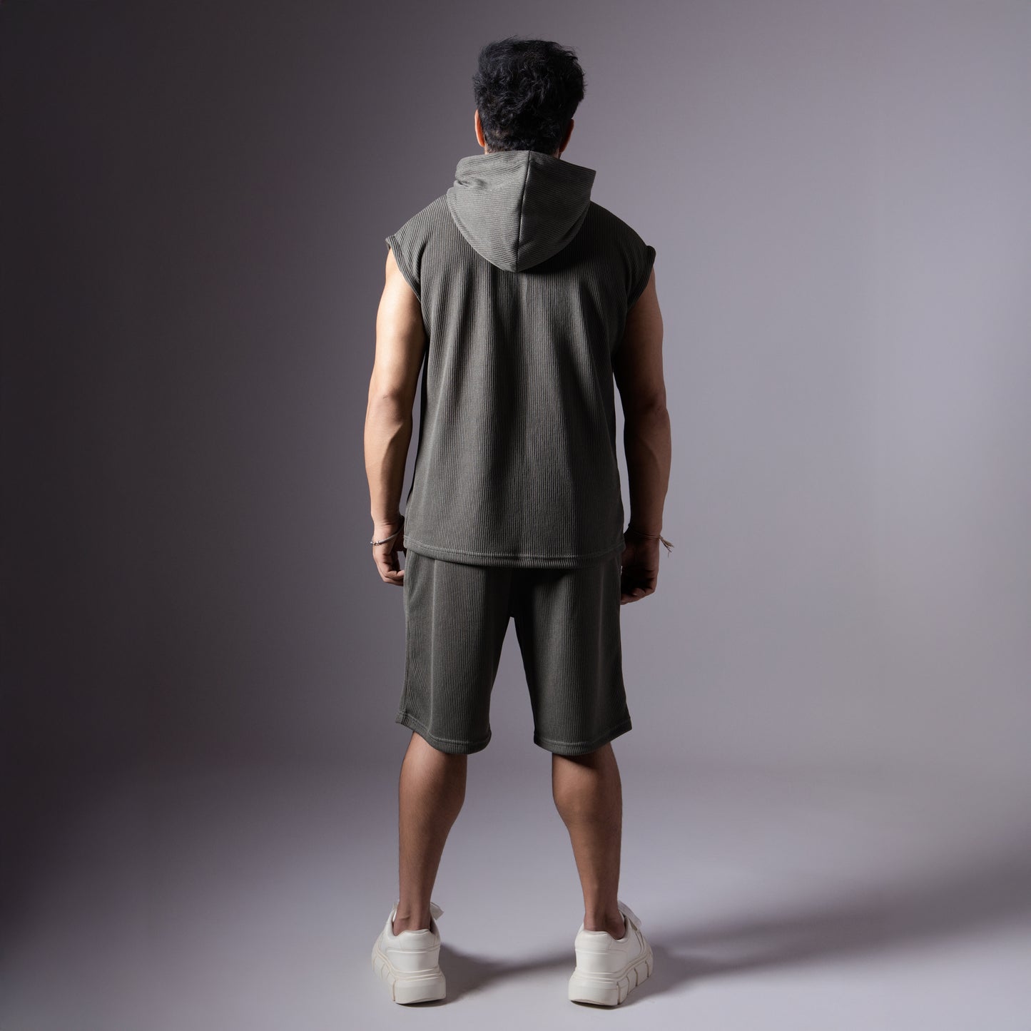 STONE GREY SLEEVELESS HOODIE & SHORTS CO-ORD SET