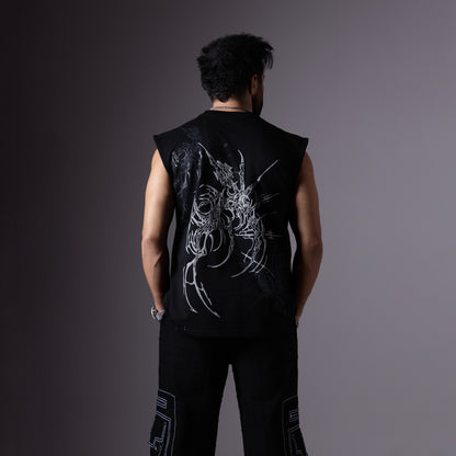 MORNING STAR BLACK SLEEVELESS GRAPHIC T-SHIRT