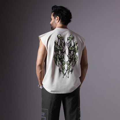 BONE BACK IVORY SLEEVELESS GRAPHIC T-SHIRT