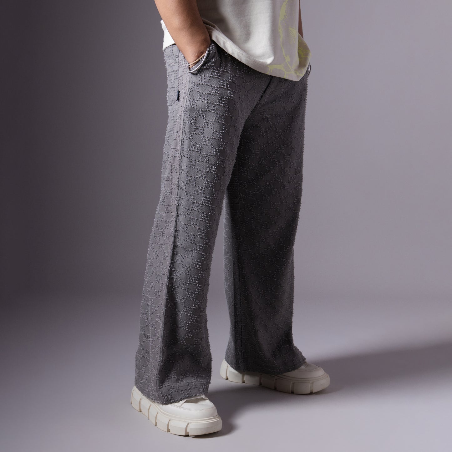 GREY CHECKERED ROOFING BOOT CUT DENIM