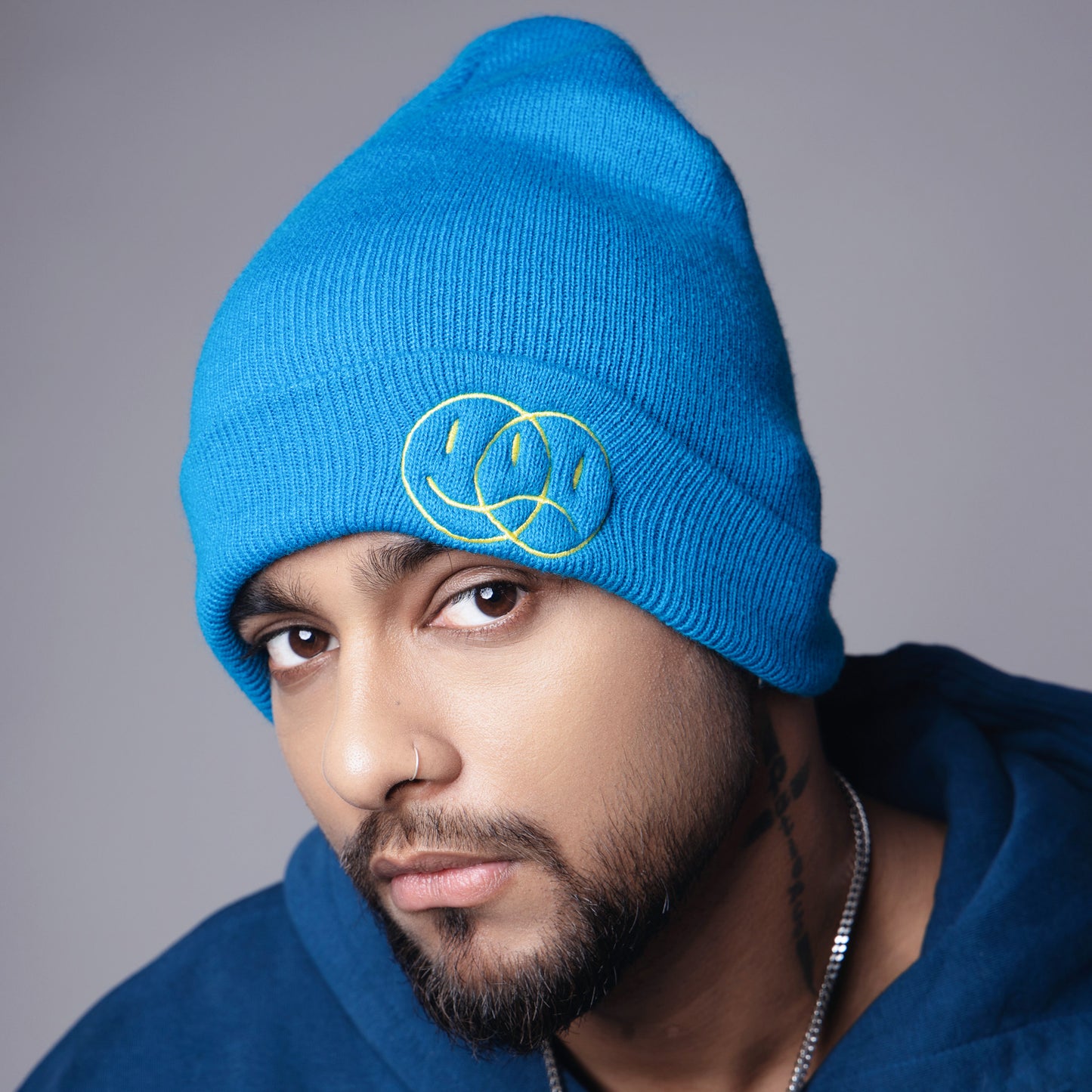 BLUE EMBROIDERED BEANIE