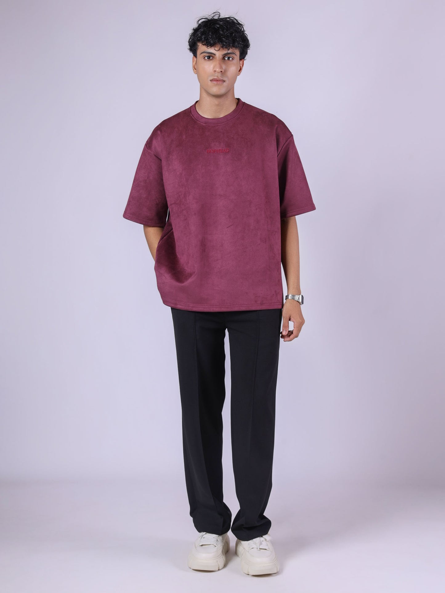 TYRIAN PURPLE EMBROIDERED SUEDE T-SHIRT