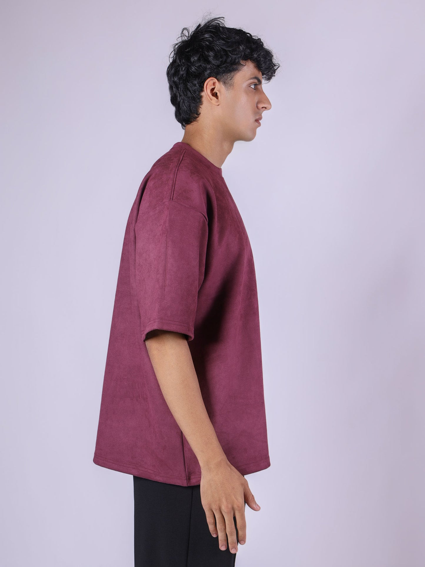 TYRIAN PURPLE EMBROIDERED SUEDE T-SHIRT