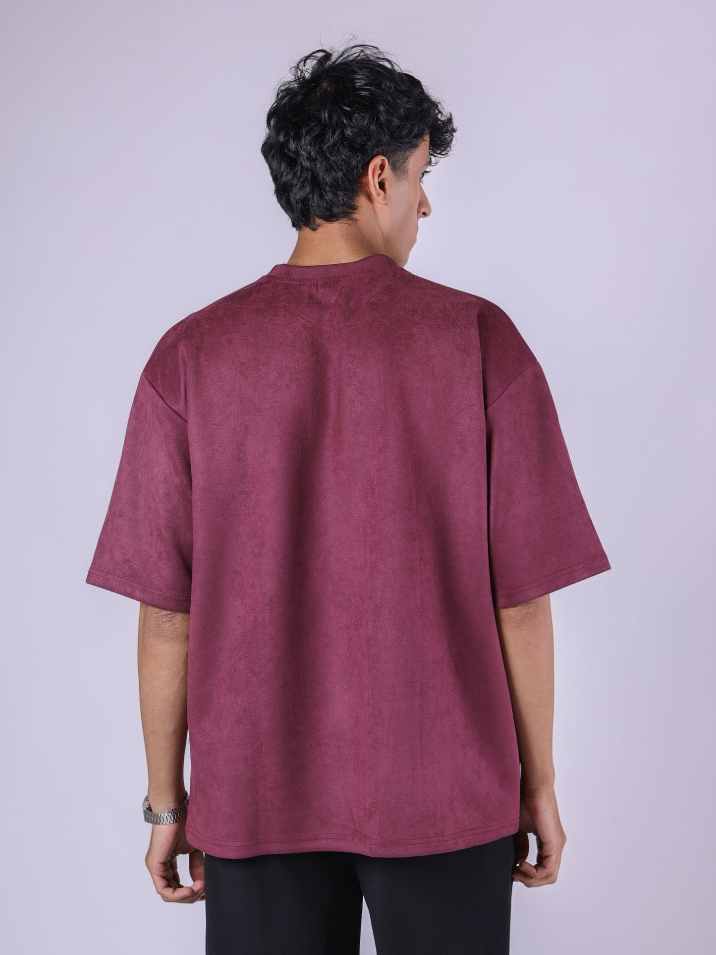 TYRIAN PURPLE EMBROIDERED SUEDE T-SHIRT