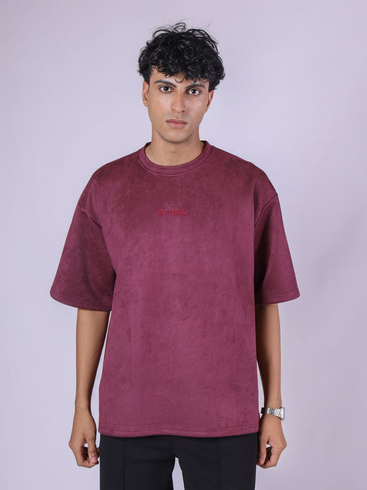 TYRIAN PURPLE EMBROIDERED SUEDE T-SHIRT