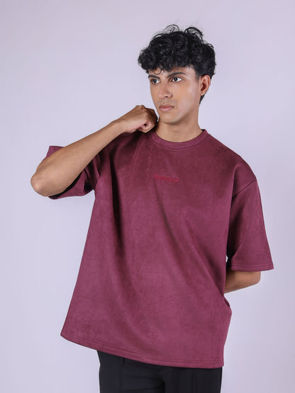 TYRIAN PURPLE EMBROIDERED SUEDE T-SHIRT