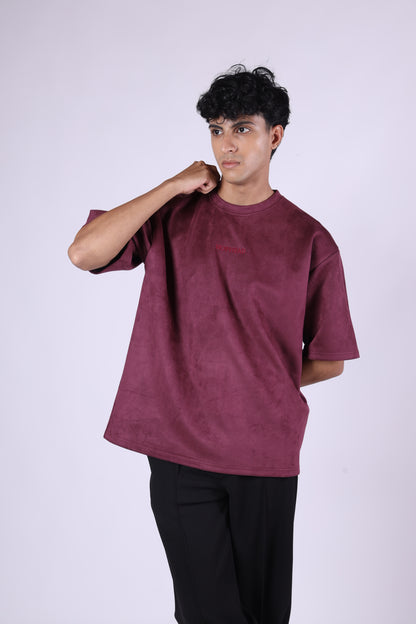 TYRIAN PURPLE EMBROIDERED SUEDE T-SHIRT