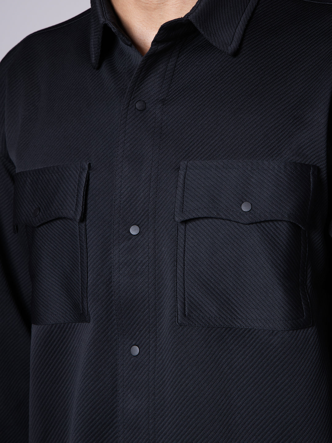 BLACK  DOUBLE POCKET TEXTURED SHACKETS