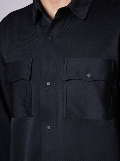BLACK  DOUBLE POCKET TEXTURED SHACKETS