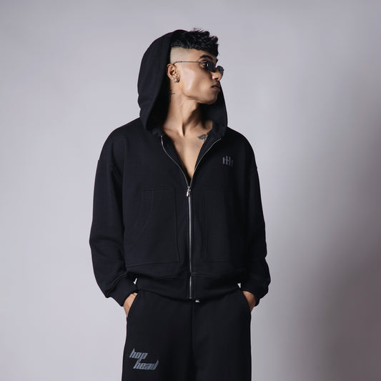 BLACK BASIC HEAVY ZIPPER HOODIE