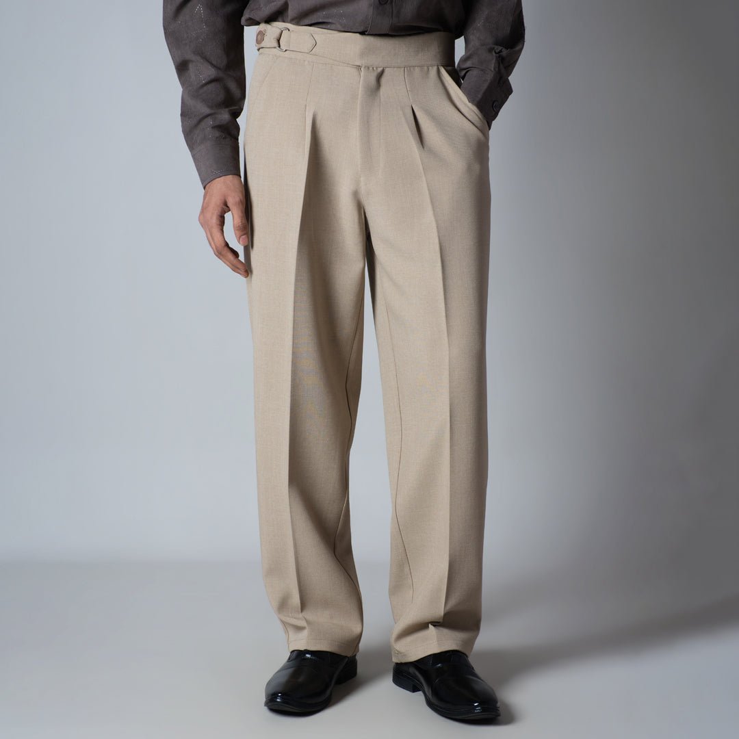 BEIGE TEXTURED D - RING ITALIAN STYLE TROUSER - Hophead