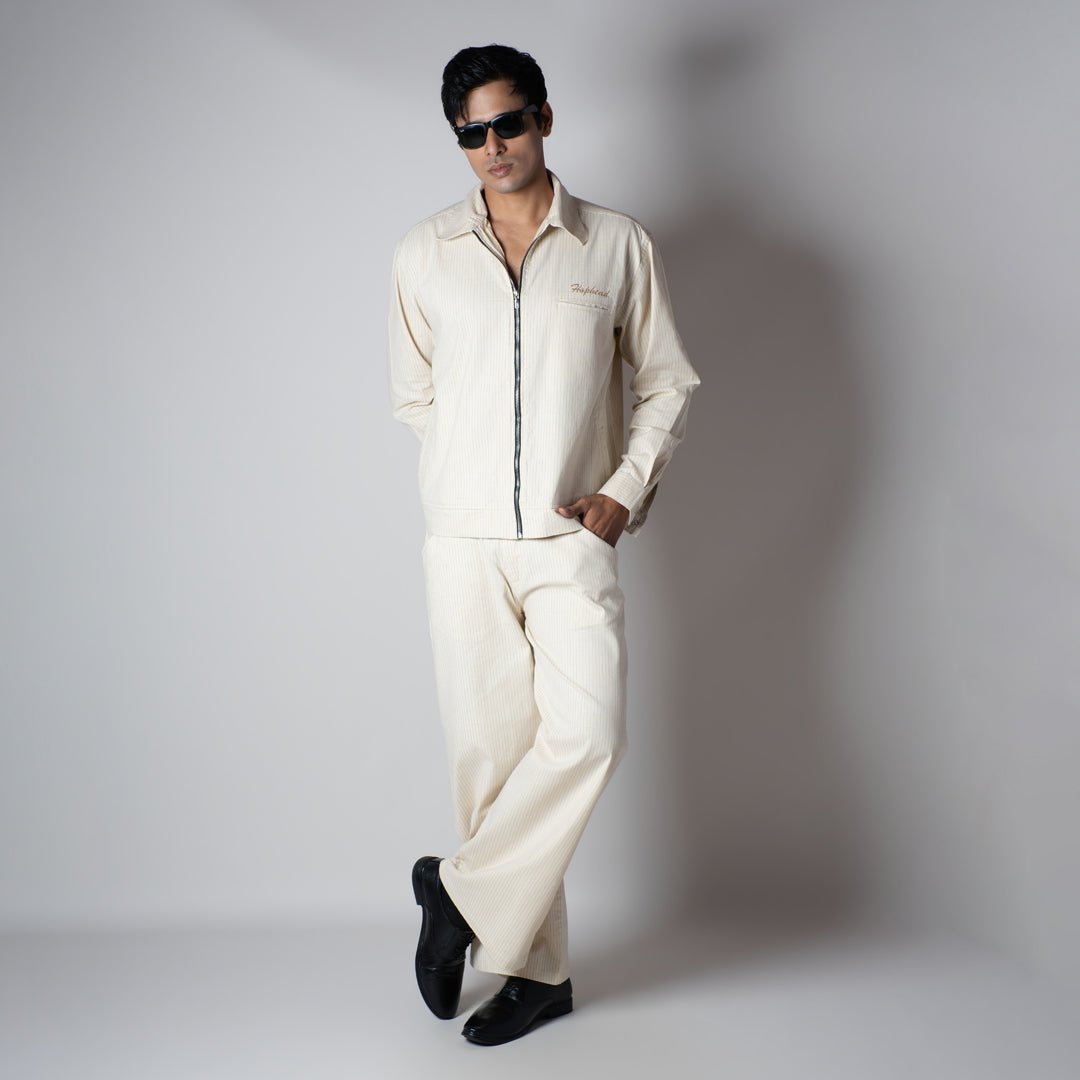 BEIGE VERTICAL STRIPED ZIPPER JACKET - Hophead