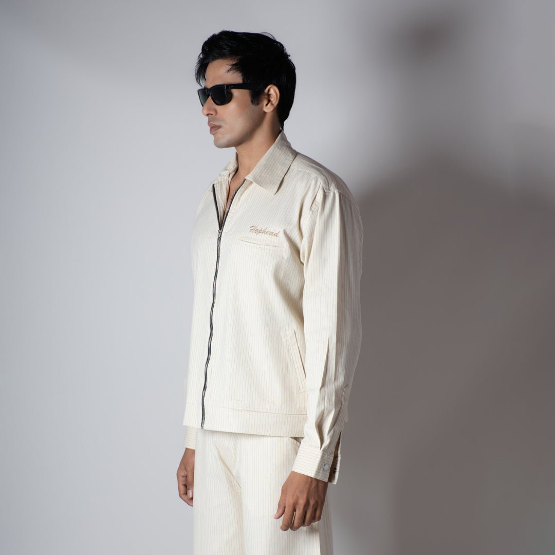 BEIGE VERTICAL STRIPED ZIPPER JACKET - Hophead