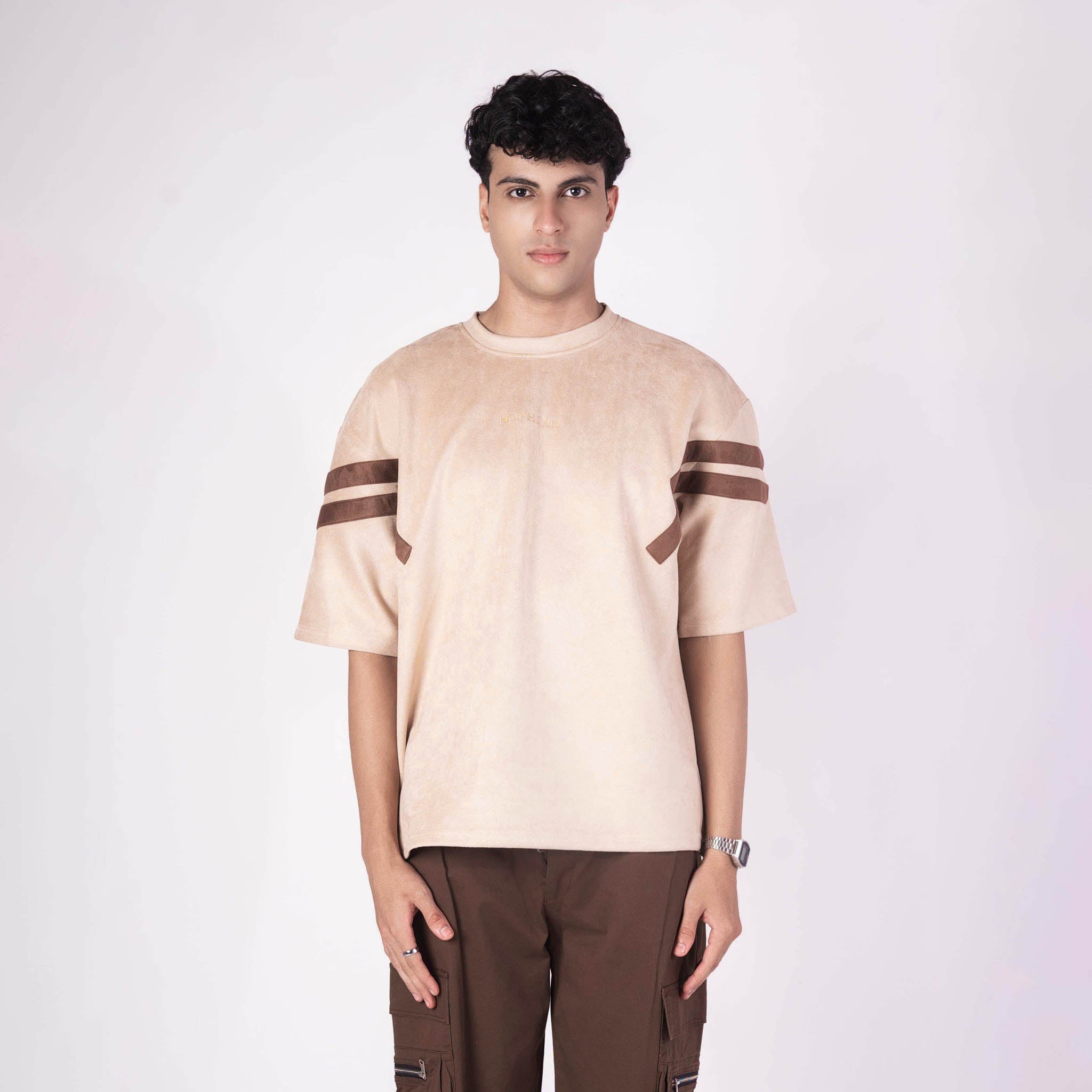 BISQUE STRIPED SHOULDER SUEDE T - SHIRT - Hophead