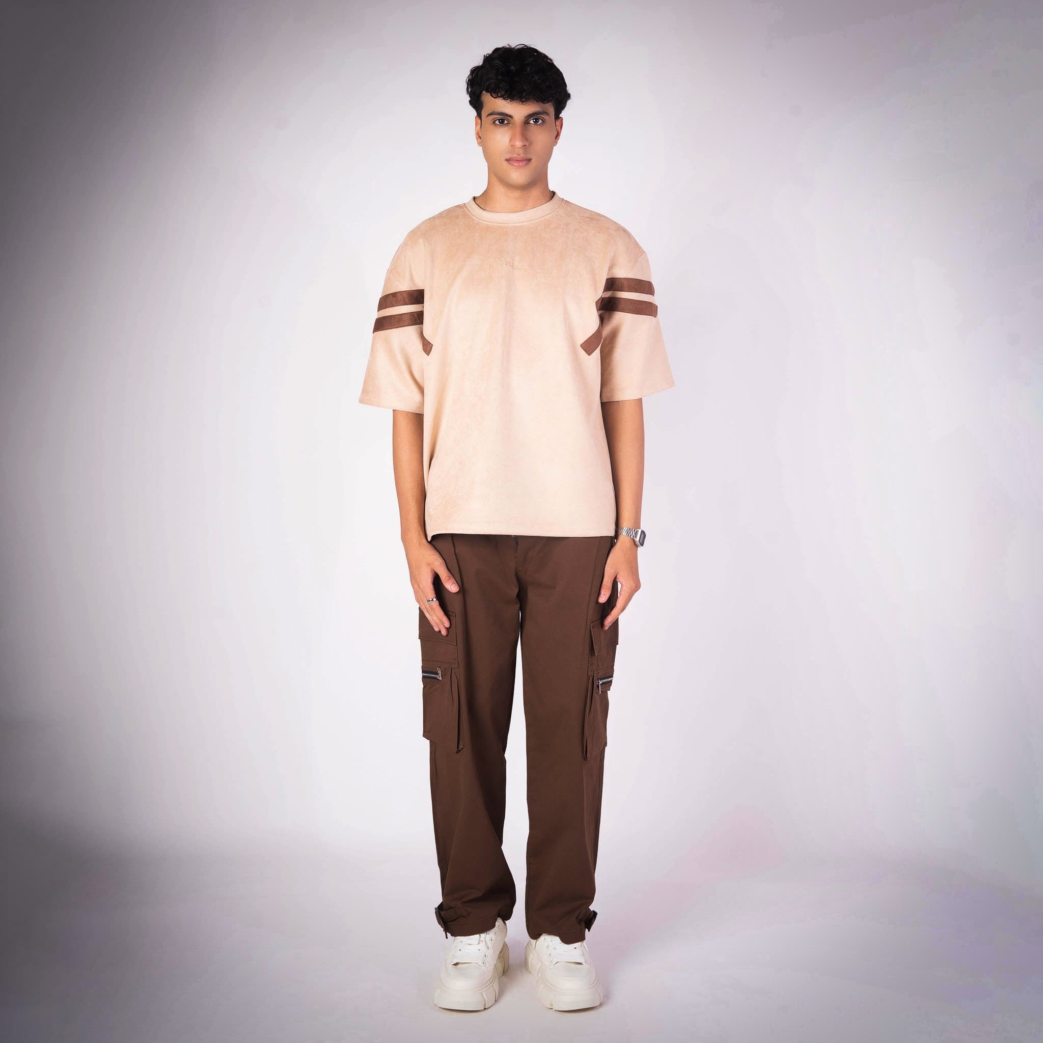 BISQUE STRIPED SHOULDER SUEDE T - SHIRT - Hophead