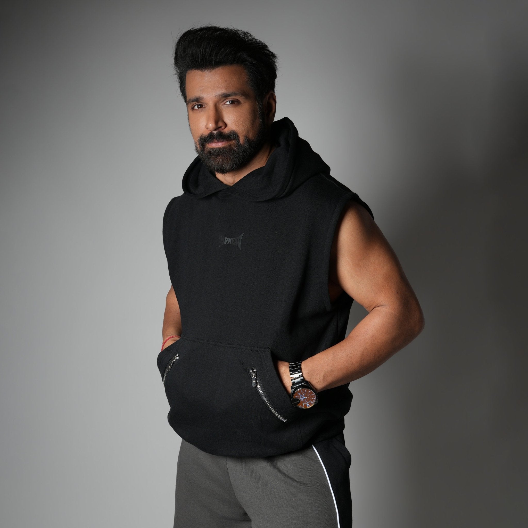 BLACK AXIS SLEEVELESS HOODIE - Hophead