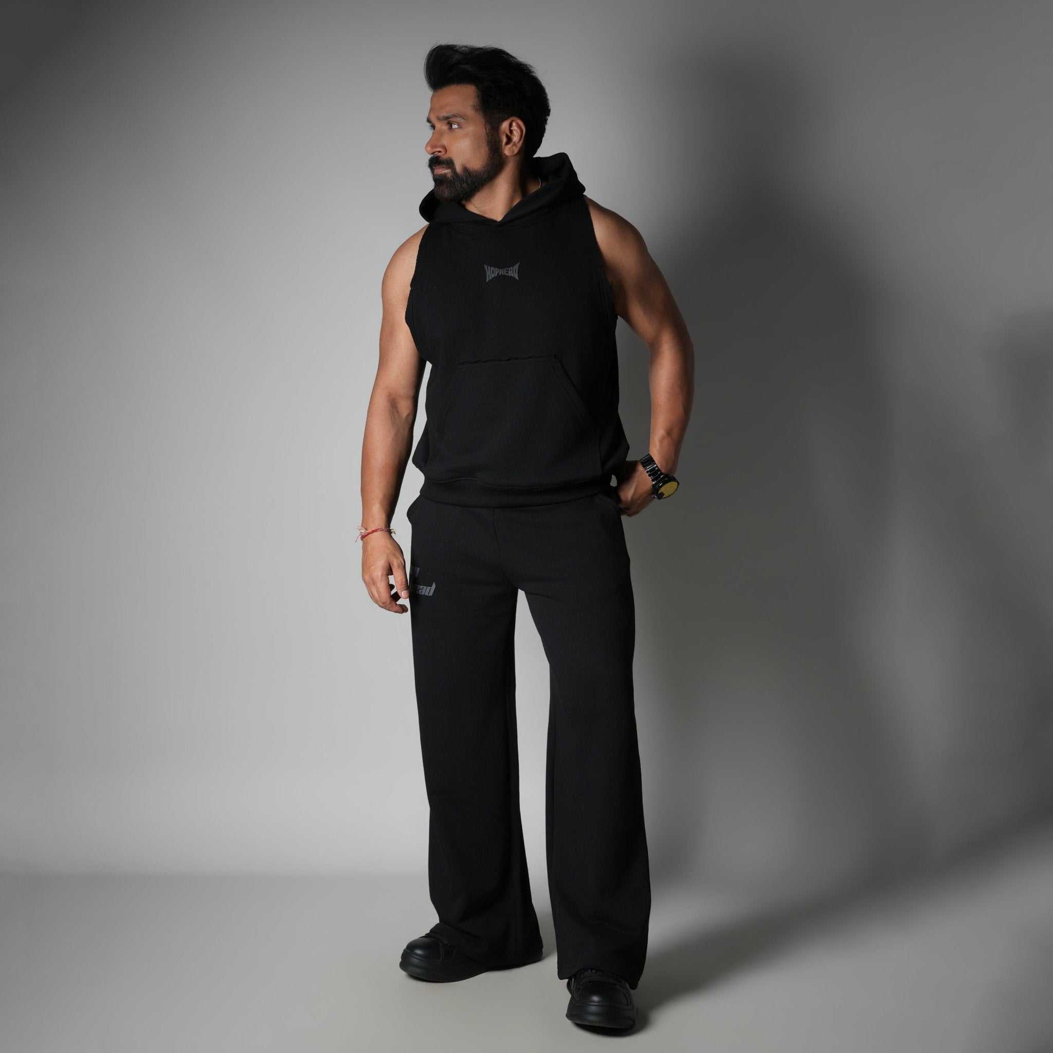 BLACK RAW EDGE SLEEVELESS HOODIE - Hophead