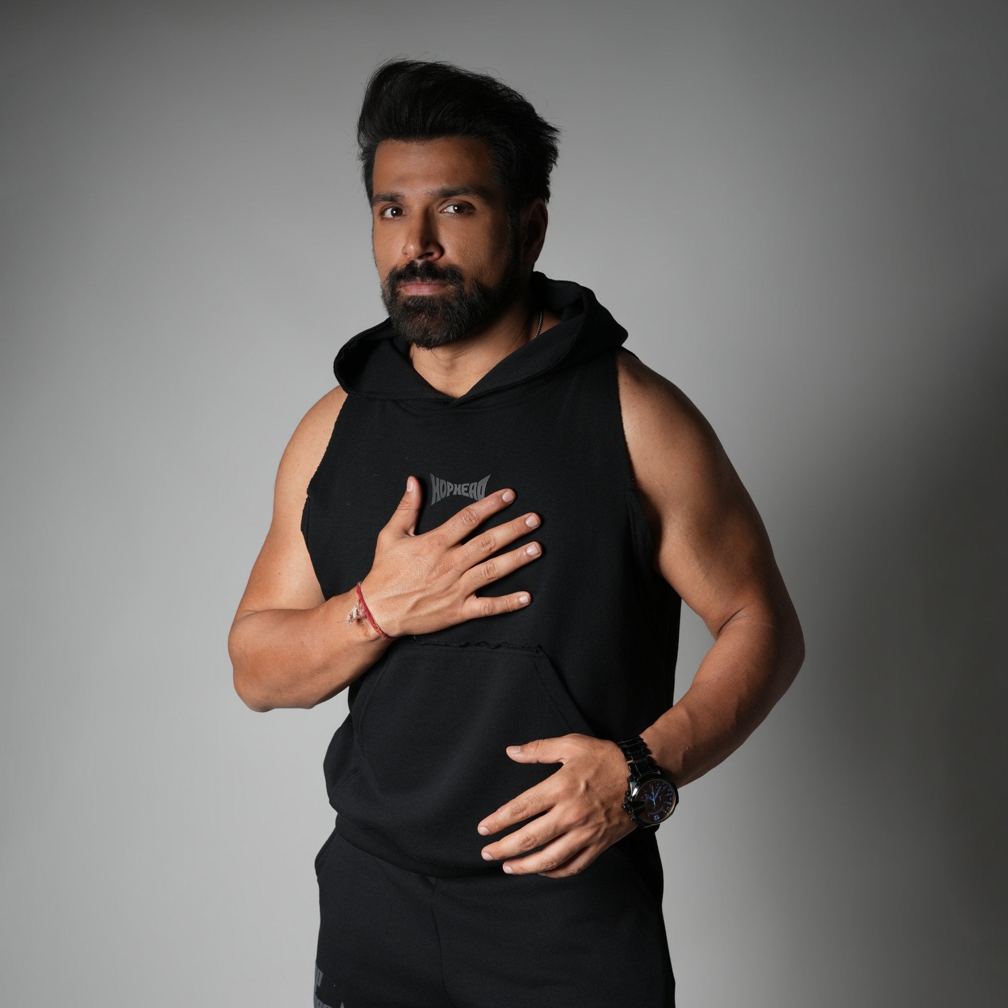 BLACK RAW EDGE SLEEVELESS HOODIE - Hophead