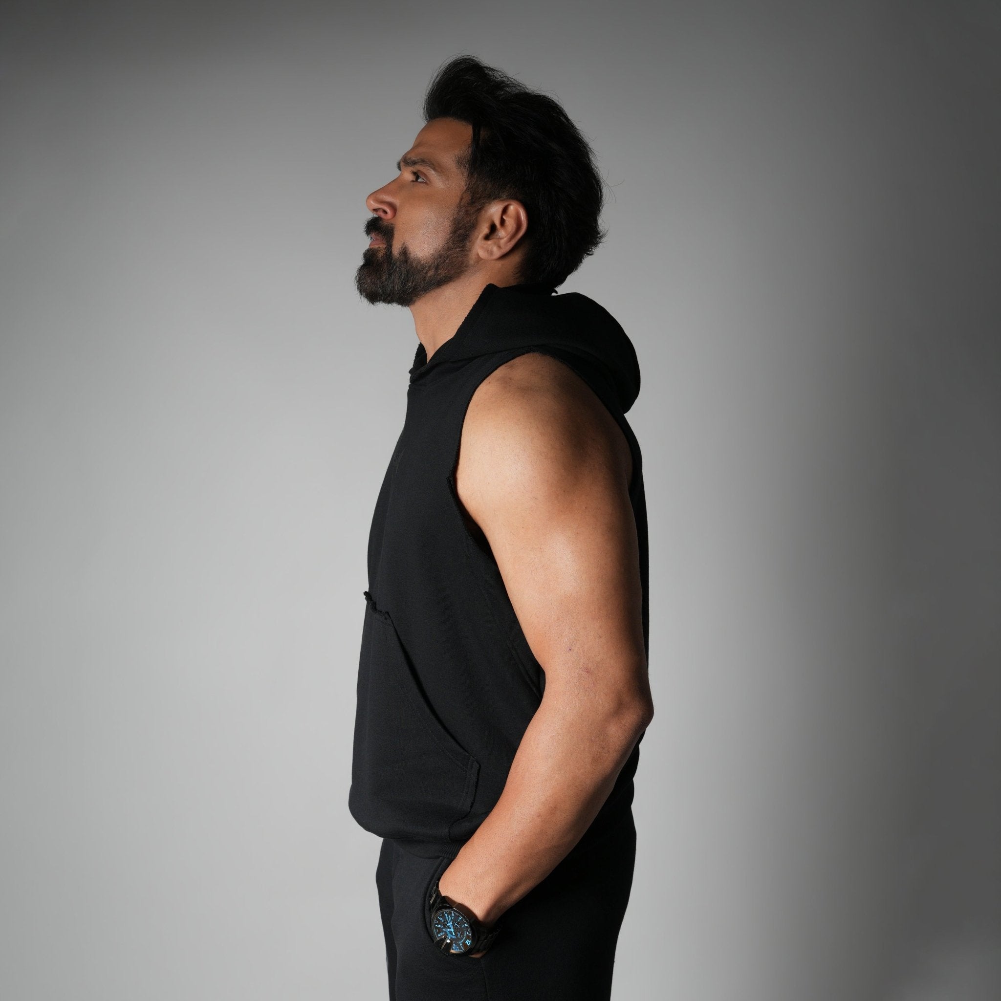 BLACK RAW EDGE SLEEVELESS HOODIE - Hophead