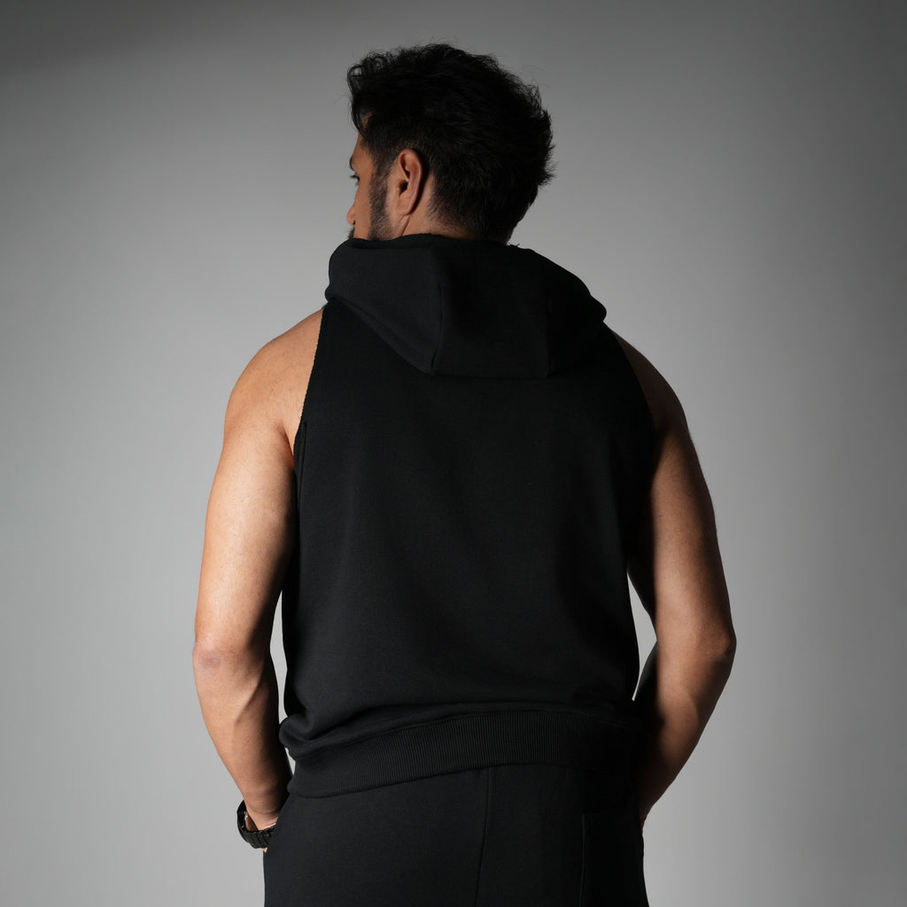 BLACK RAW EDGE SLEEVELESS HOODIE - Hophead