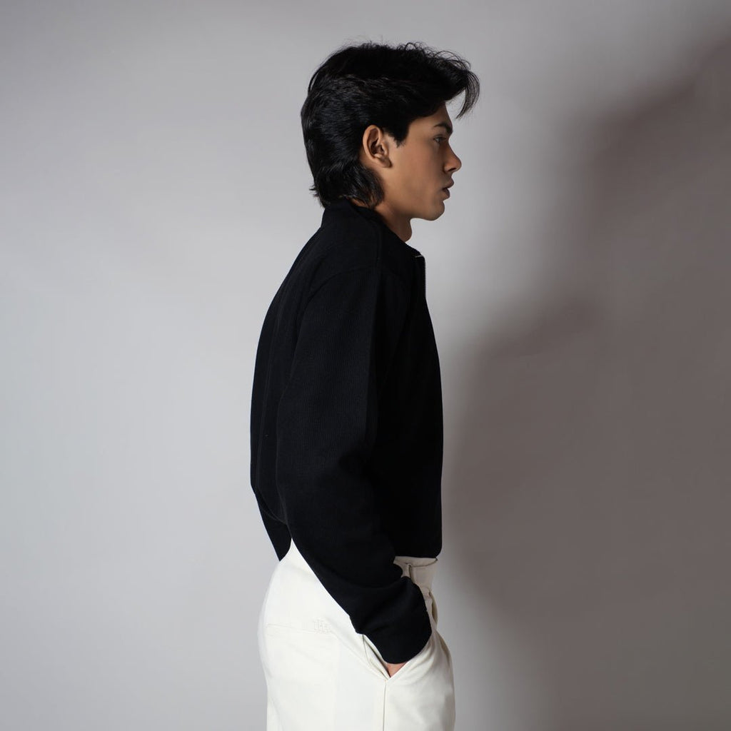 BLACK RIBBED ZIP TURTLE NECK JUMPER - Hophead