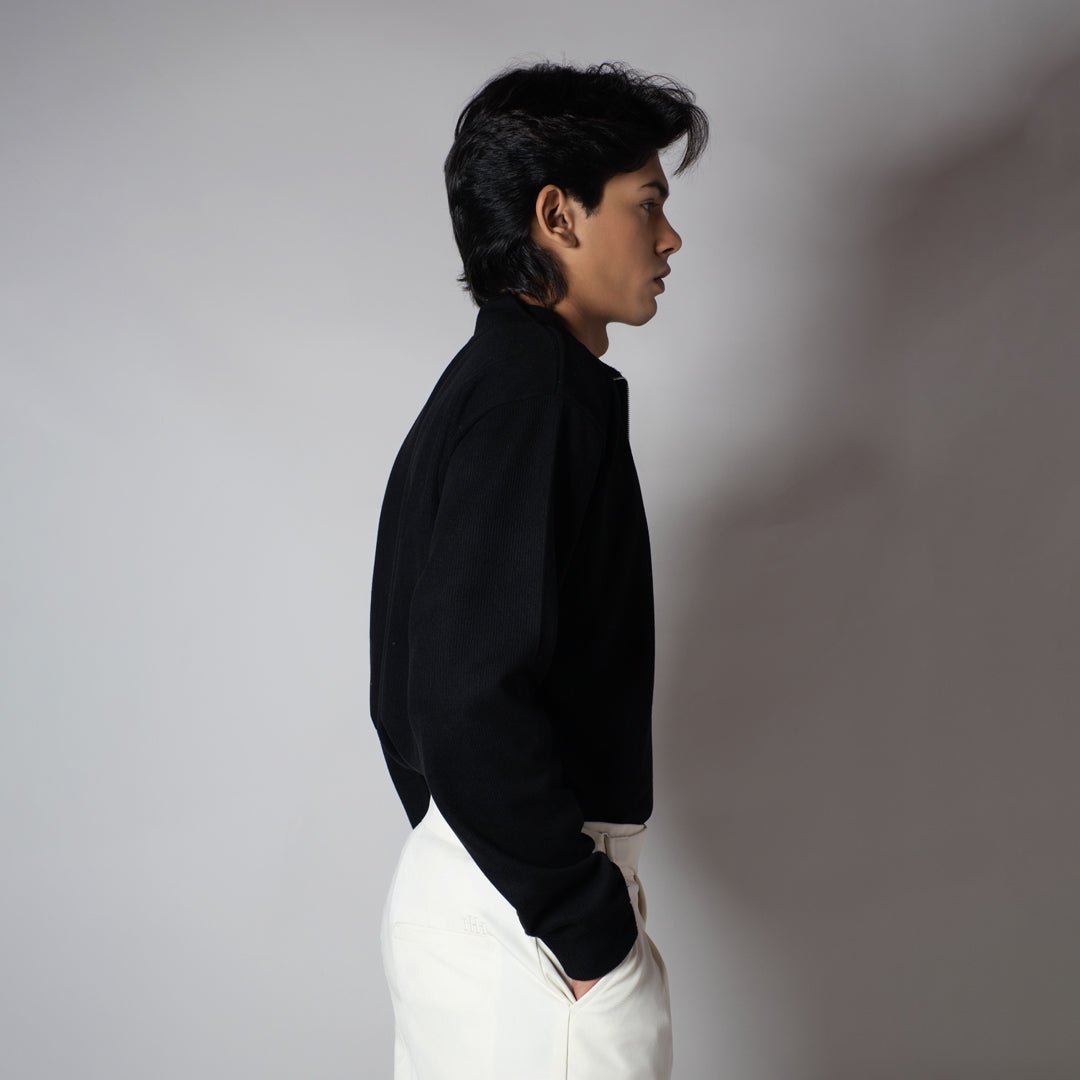 BLACK RIBBED ZIP TURTLE NECK JUMPER - Hophead