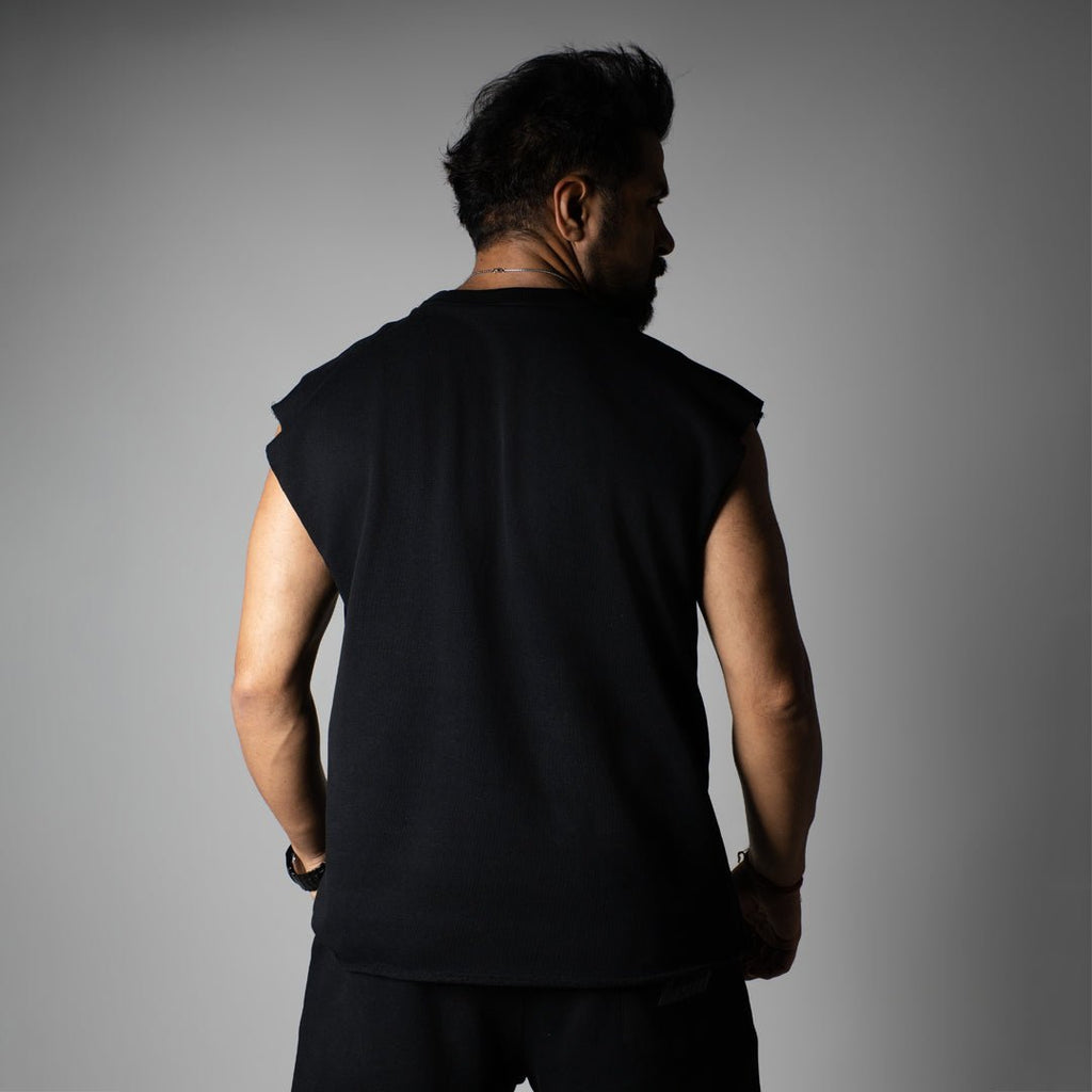 BLACK SLEEVELESS RAW EDGE TSHIRT - Hophead