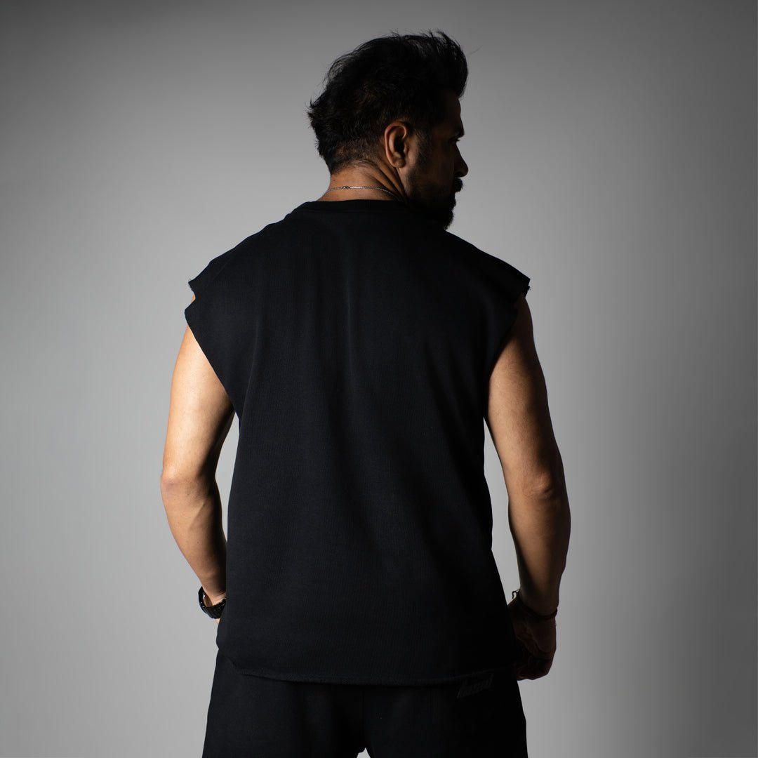 BLACK SLEEVELESS RAW EDGE TSHIRT - Hophead