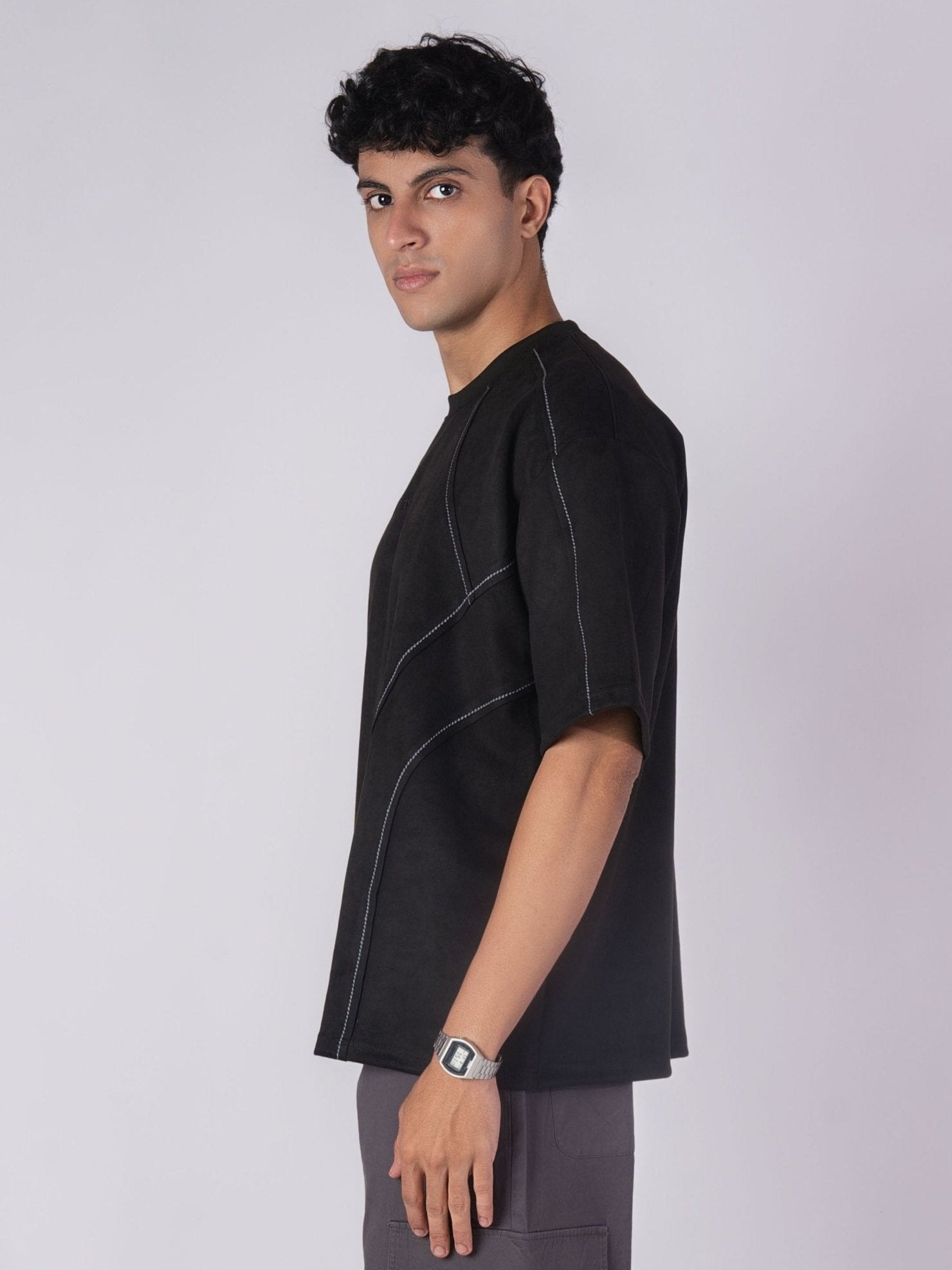 BLACK STITCH - LINE EMBROIDERED SUEDE T - SHIRT - Hophead