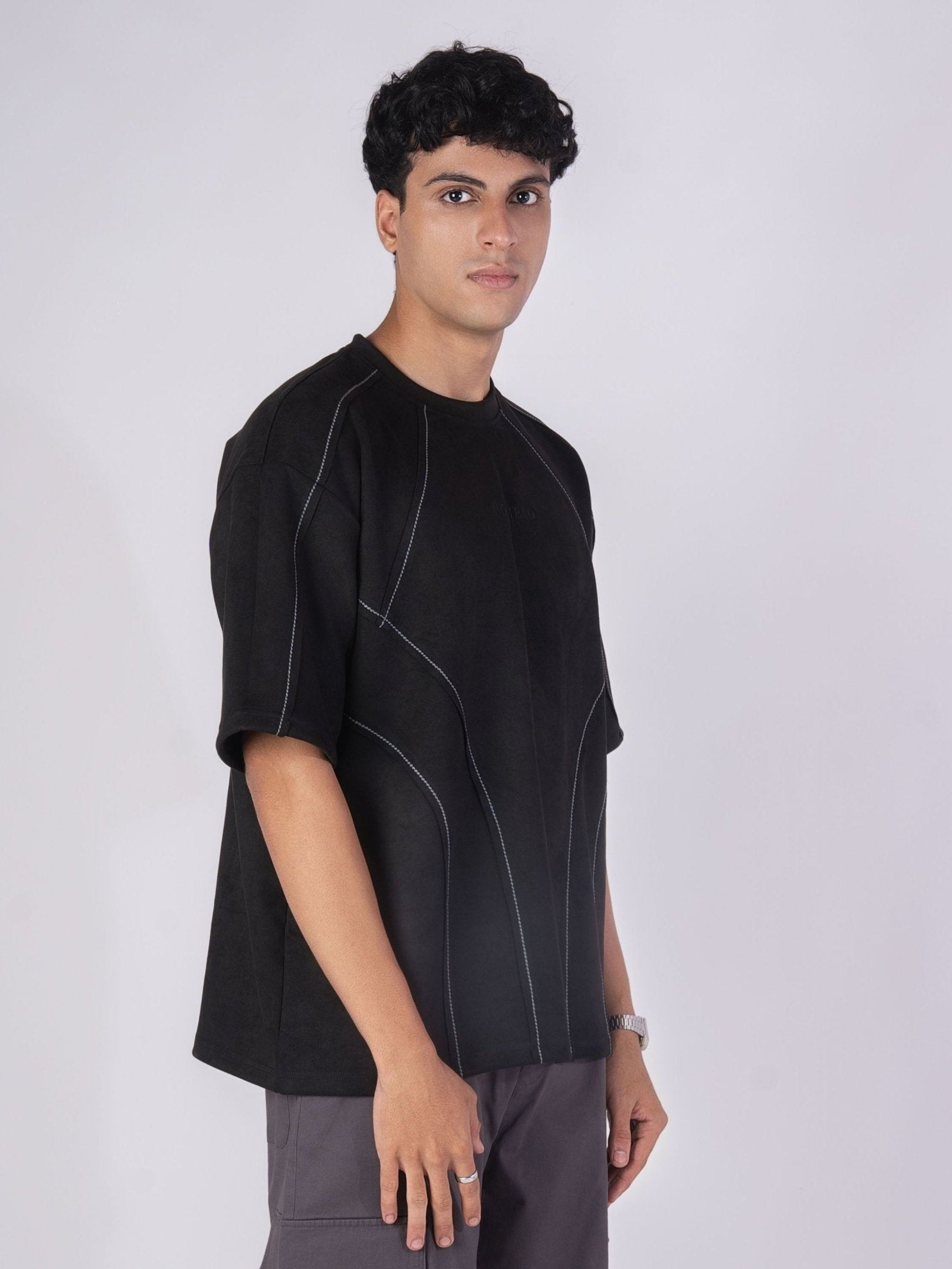BLACK STITCH - LINE EMBROIDERED SUEDE T - SHIRT - Hophead