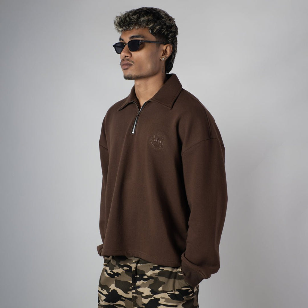 BROWN HALF - ZIPUP PULLOVER POLO - Hophead