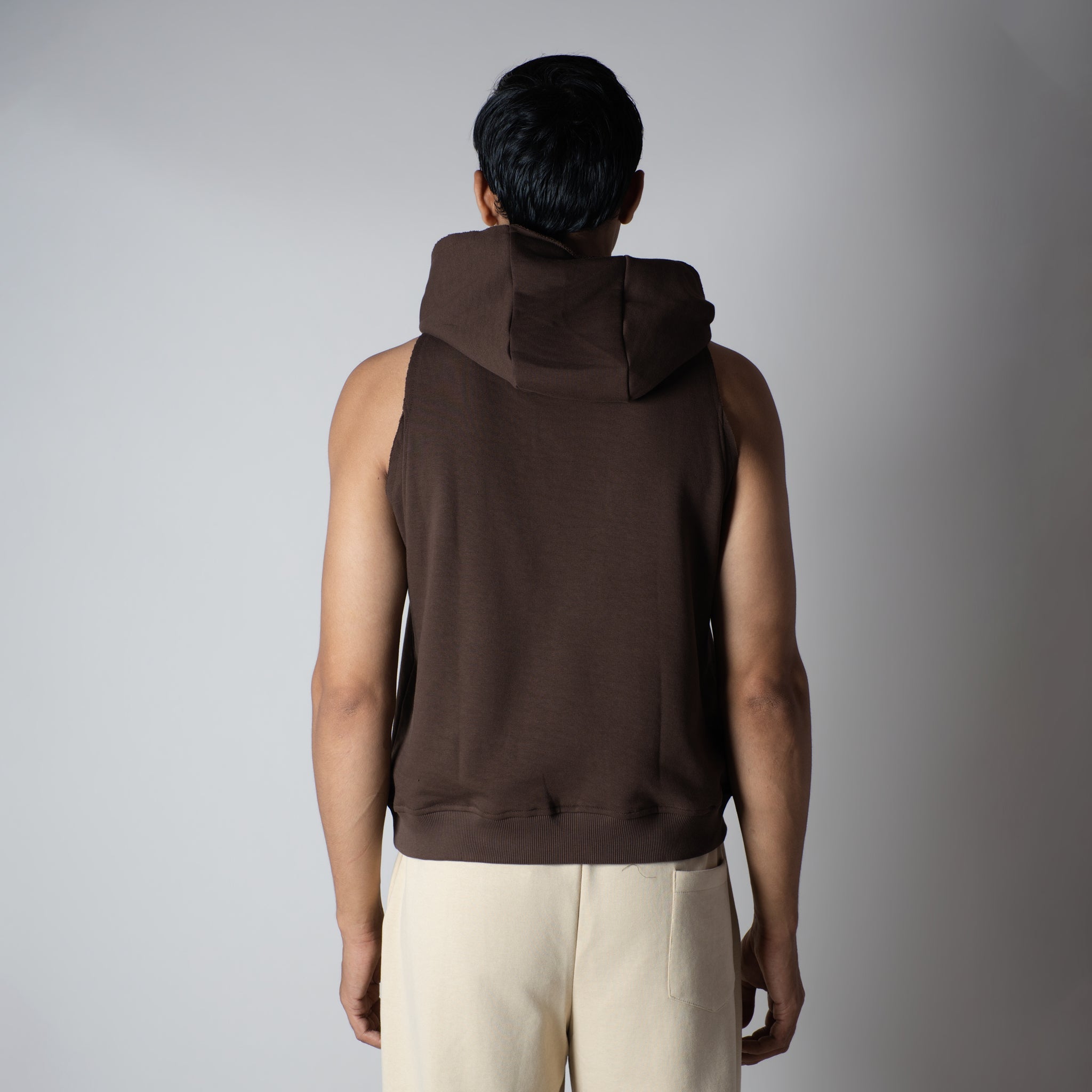 BROWN RAW EDGE SLEEVELESS HOODIE - Hophead