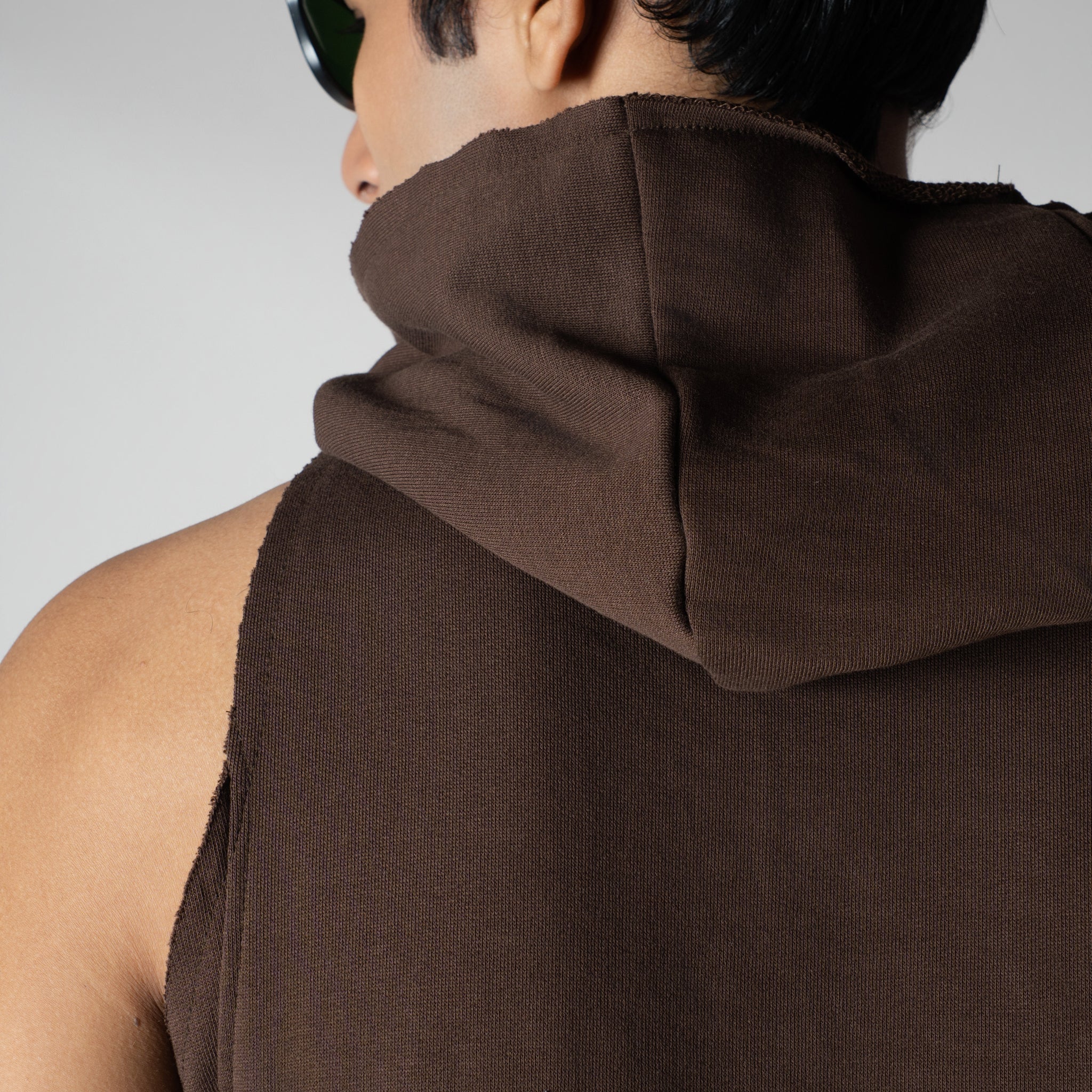 BROWN RAW EDGE SLEEVELESS HOODIE - Hophead