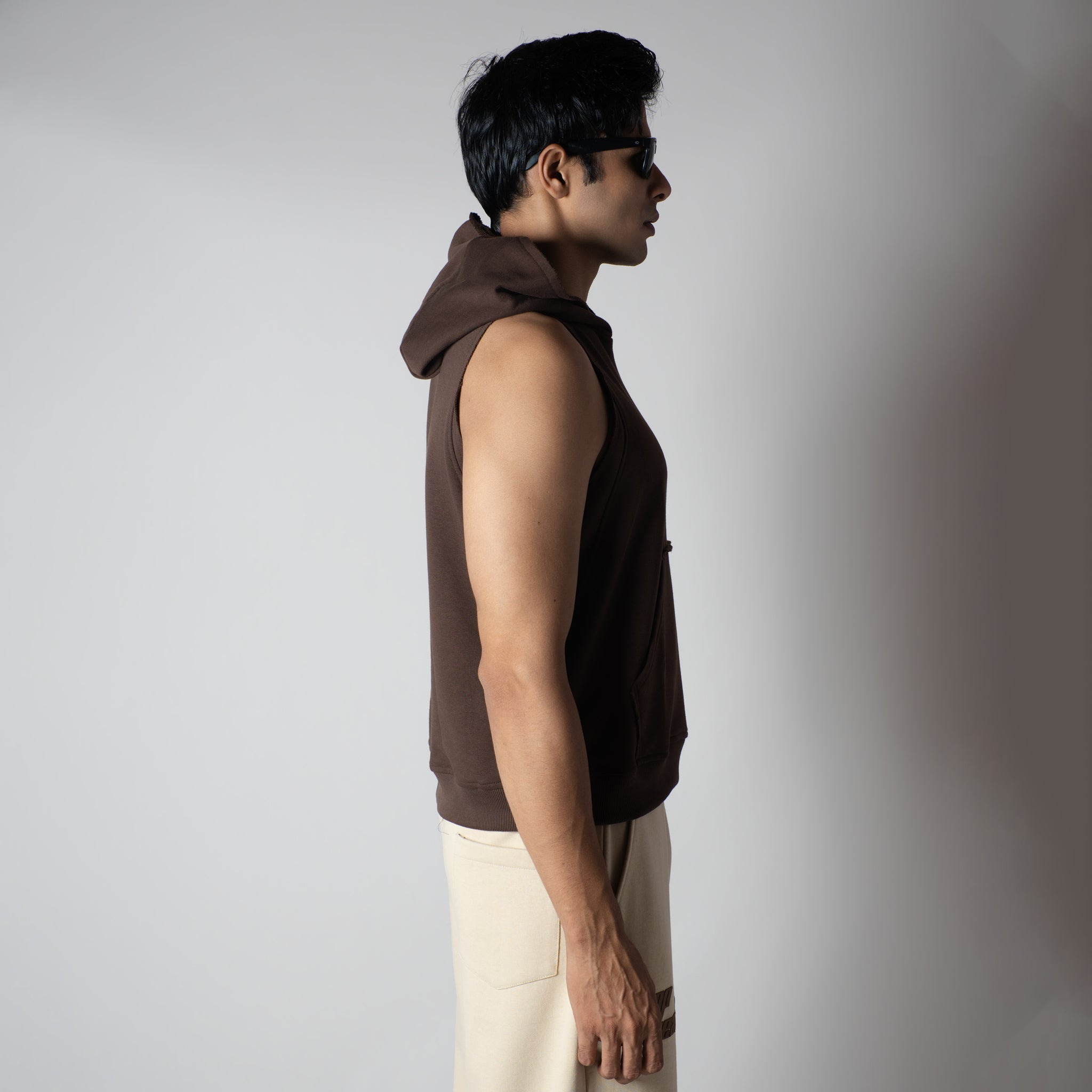 BROWN RAW EDGE SLEEVELESS HOODIE - Hophead